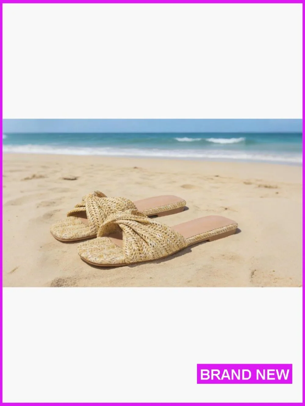 Straw Woven Raffia Flat Sandals Slip On Slides Comfort Square Toe Beach Dressy